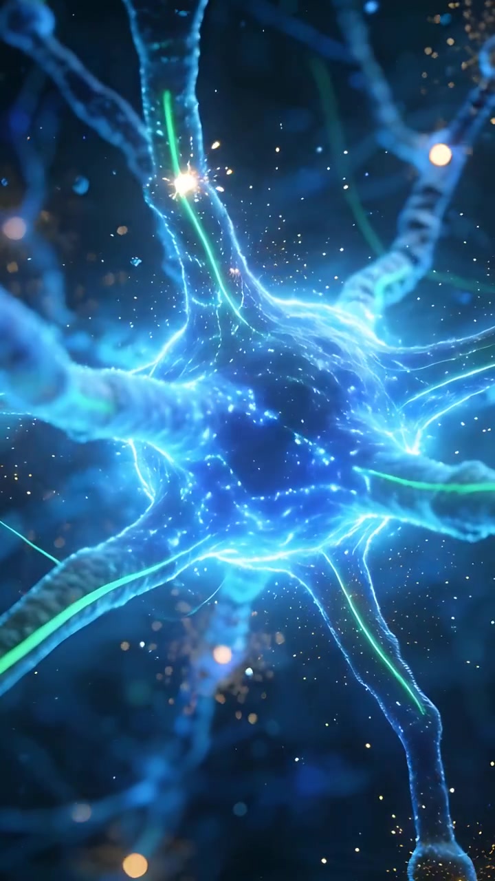 Vertical video: Pulsing neuron soma sending signals in neural net as green lines brighten, spiking