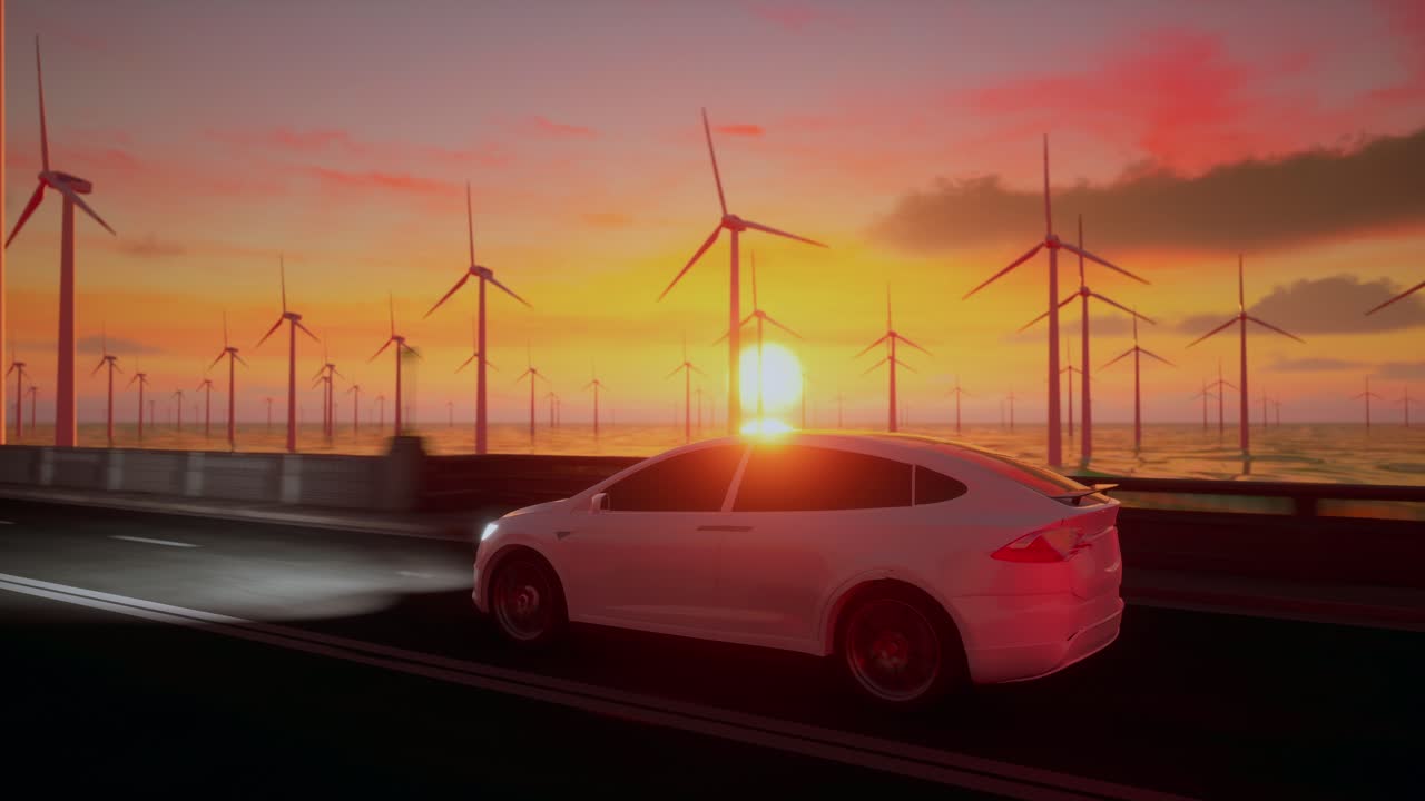 태양이 지는 동안 풍력 터빈을 배경으로 고속도로에서 일반적인 전기 자동차 드라이브의 3d 렌더링.