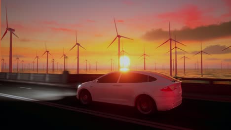 3d render of generic electric car drives on a highway with wind turbines in the background at sunset. realistic 3d animation