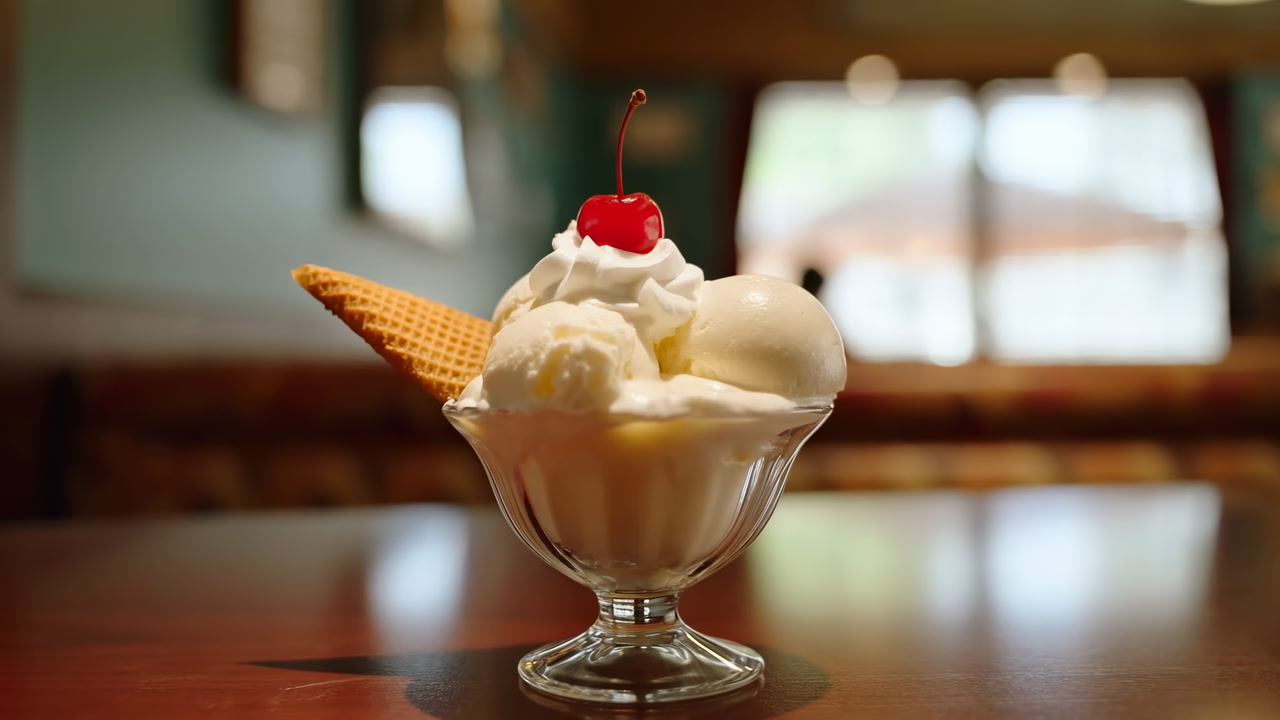 Vanilla Sundae On Wooden Table Glass Bowl Topped With Whipped Cream Cherry And Waffle, Soft Window Light, Warm
