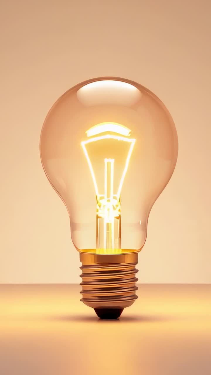 Vertical video: Incandescent bulb receiving current and glowing on studio table, showing filament