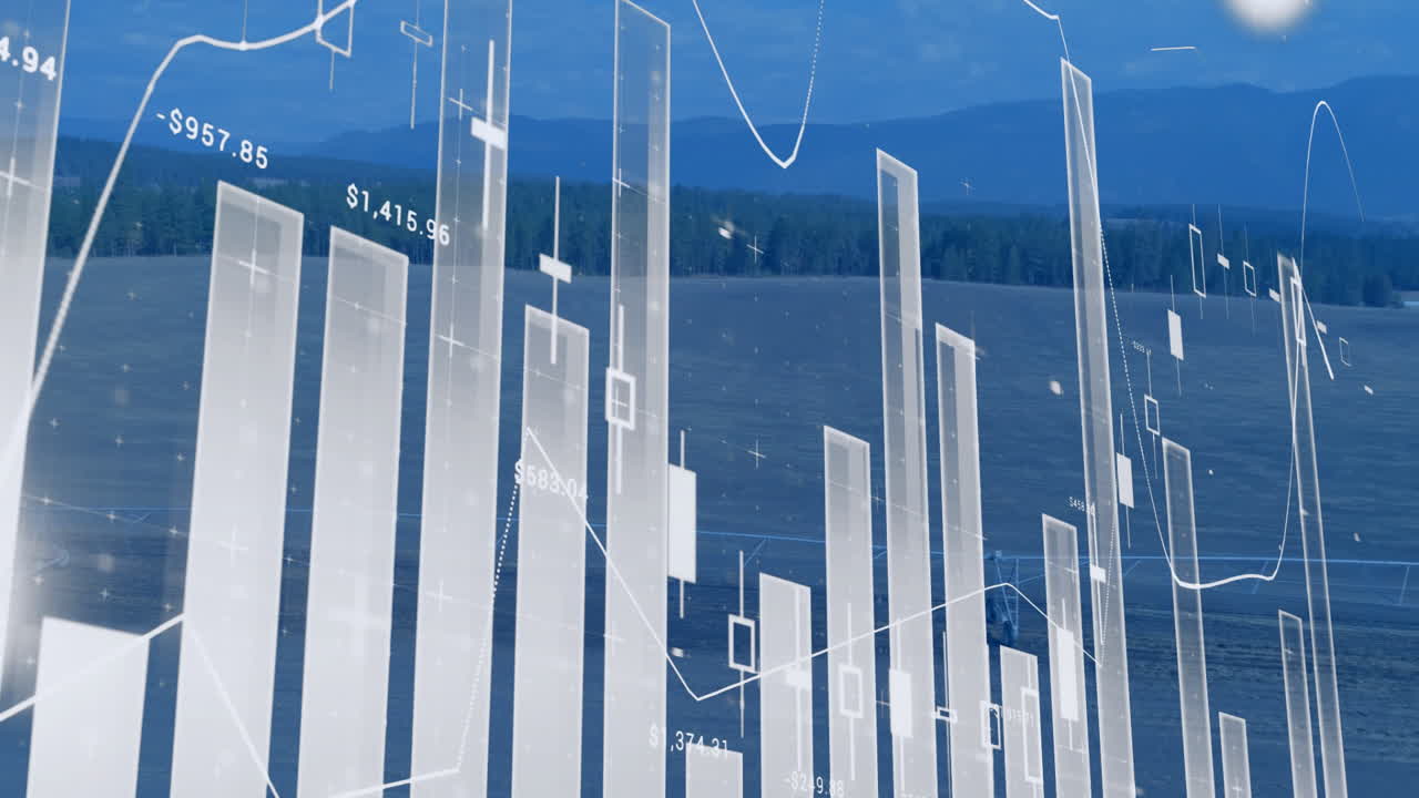 Bar graph and data visualization animation over serene mountain landscape
