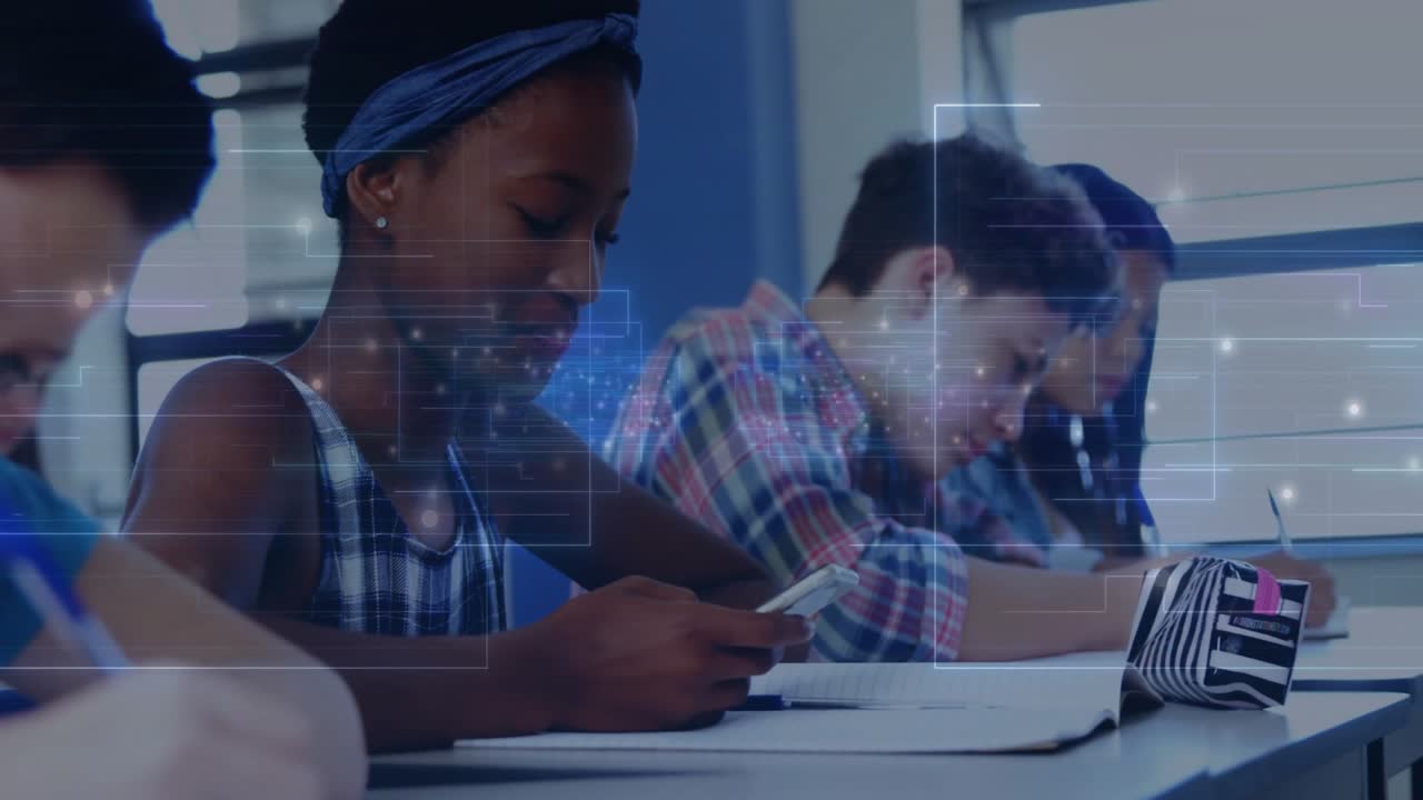 On play students writing notebooks for education while girl scrolling phone, graphic data drifting
