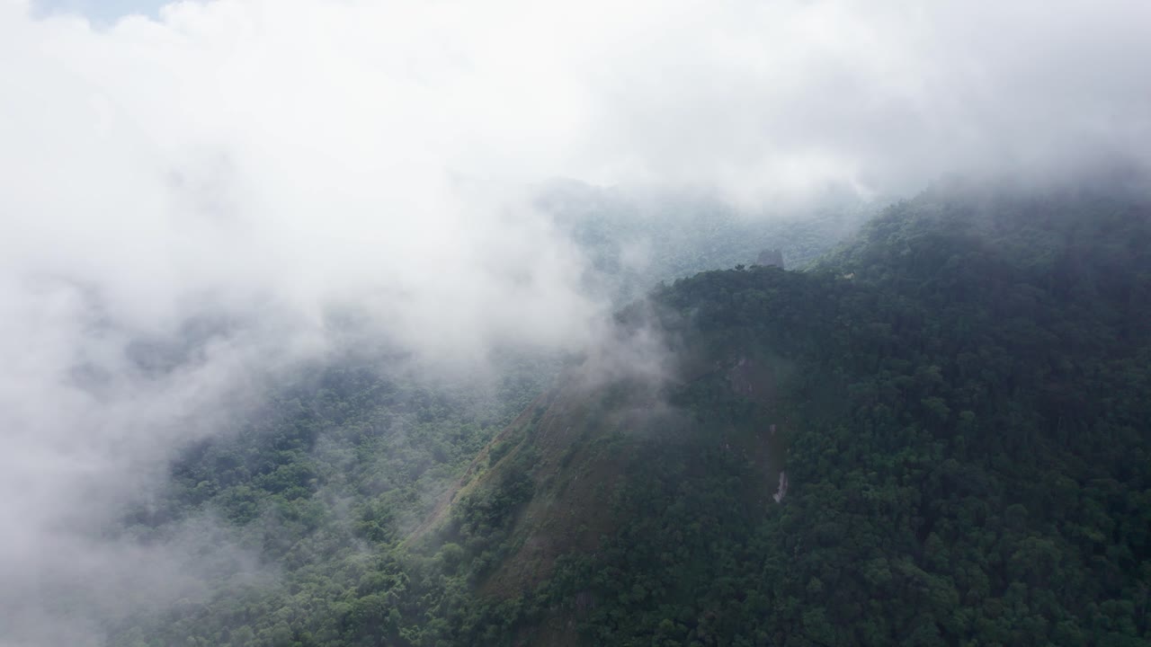 vuelo aéreo a través de nubes en la selva montañosa de isla grande, brasil