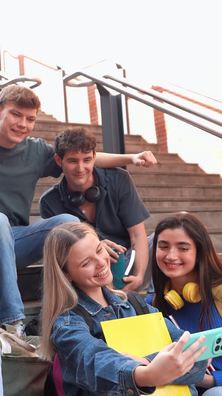 Gruppo di studenti felici che si scatta un selfie sulle scale del campus.