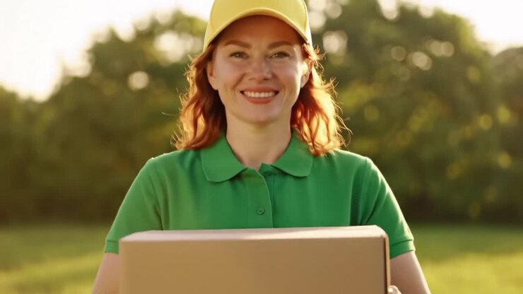 Un fattorino sorridente con un pacco in mano, che mostra dedizione e servizio in un ambiente esterno illuminato dal sole.