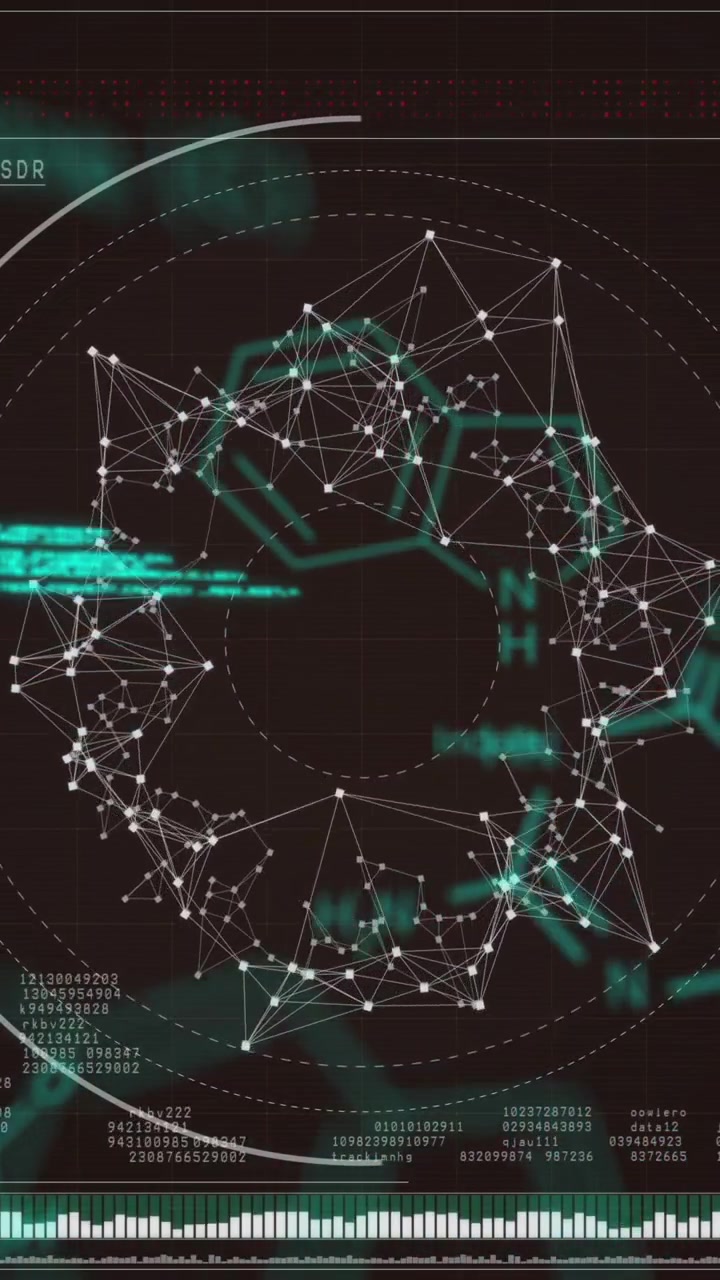 Animation of chemical formulas over data processing on digital screen