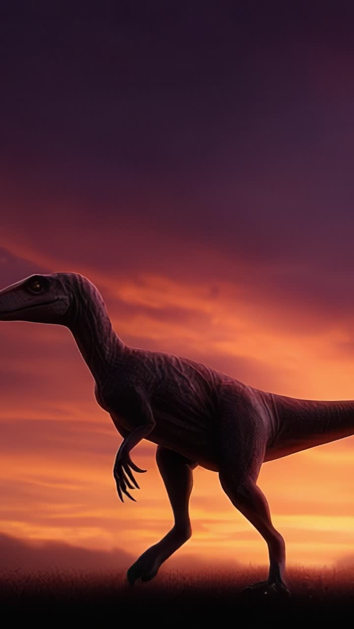 Una maestosa silhouette di dinosauro contro un cielo drammatico al tramonto, che cattura l'essenza della vita preistorica e la bellezza dei paesaggi naturali.
