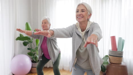 Exercise,-yoga-and-elderly-woman-friends-in-a-home