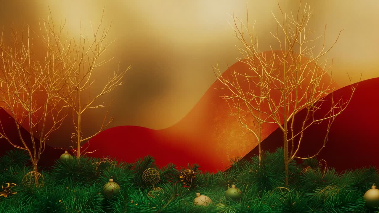 Shifting lighting across golden trees and pine garland accenting textures in studio, with baubles