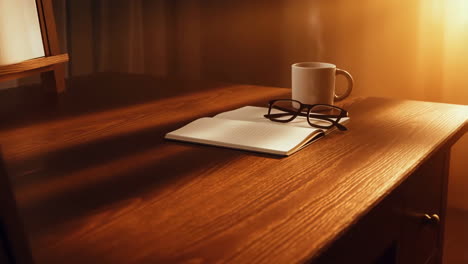 desk with coffee mug, glasses, and notebook in sunlight