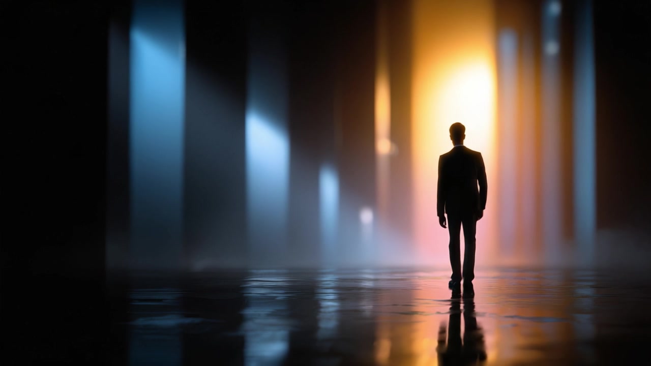 Una figura solitaria cammina con sicurezza attraverso un ambiente surreale, illuminato da fasci di luce, creando un contrasto sorprendente e un'atmosfera di mistero e intrigo.