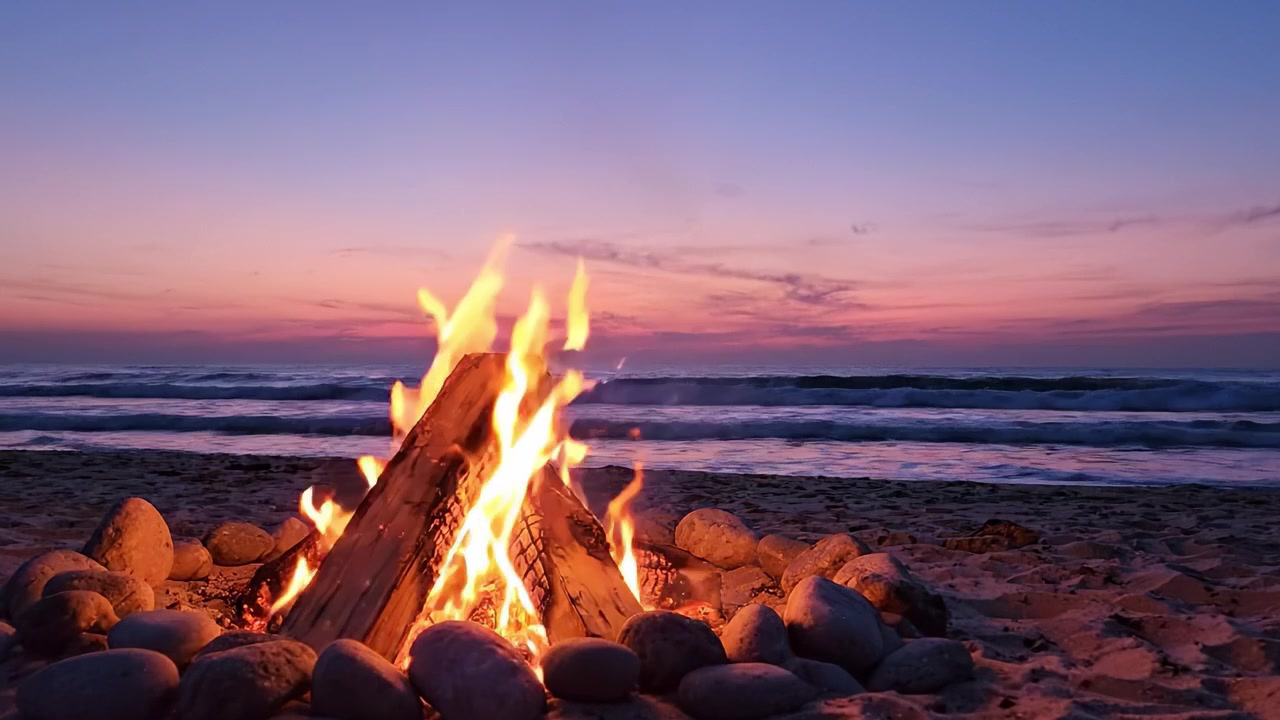 Un sereno falò in spiaggia al tramonto: godendosi il bellissimo bagliore delle fiamme contro le onde tranquille sotto un cielo viola tenue.