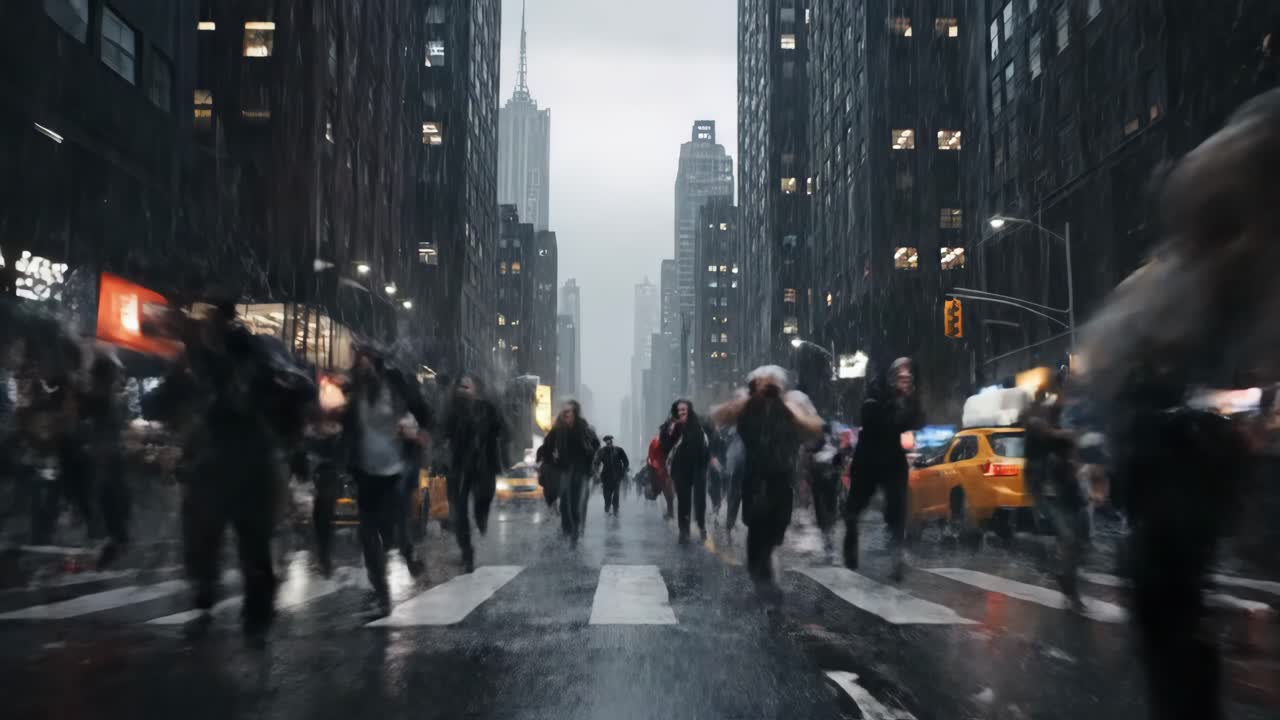 Urban scene captures a dynamic rush of pedestrians in the rain, showcasing vibrant colors and movement through a bustling city street with reflections on wet pavement