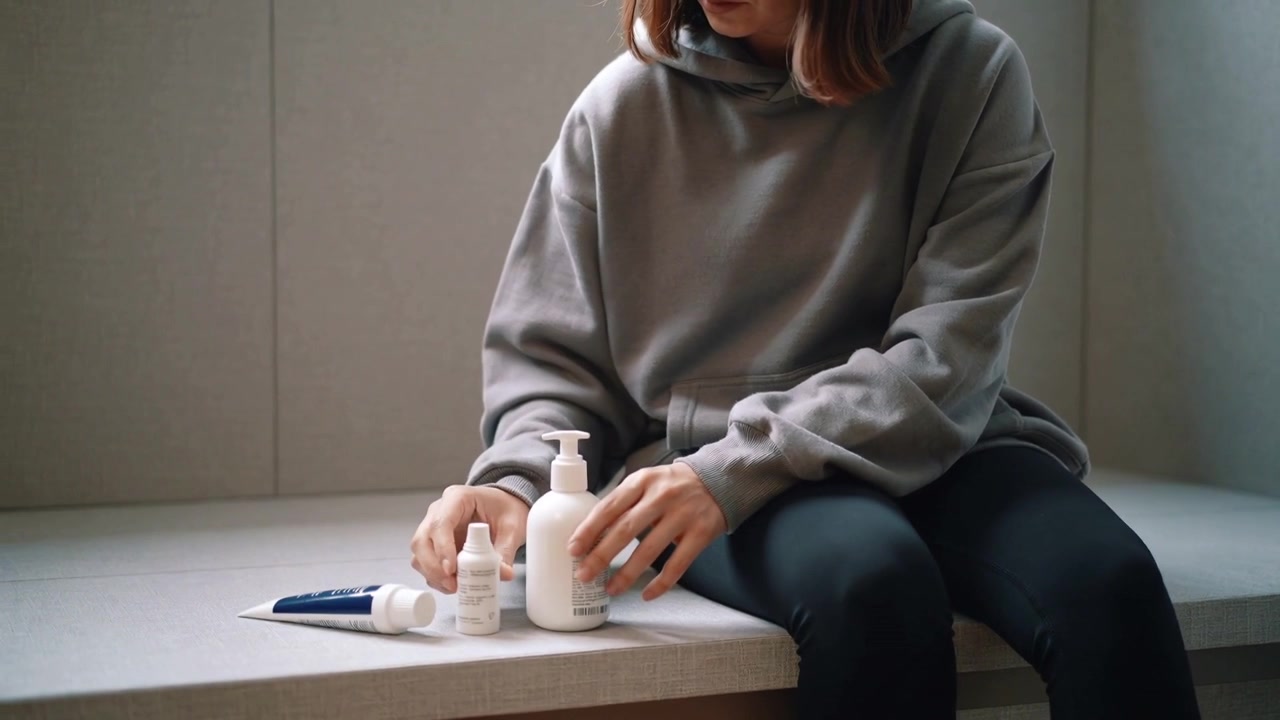 Donna con felpa grigia che allunga la mano sinistra, organizza un tubetto blu, un contagocce e un flacone con pompetta su una panca.