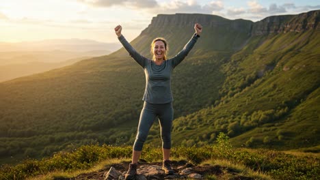 a joyful hiker celebrating achievement on top of a mountain trail at sunset, surrounded by scenic natural beauty and lush greenery with breathtaking views