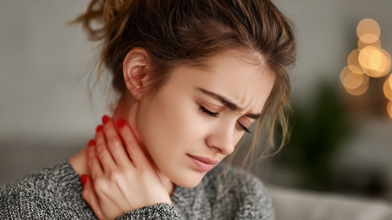 Una giovane donna che prova disagio e dolore, stringendosi il collo con ansia mentre riflette il suo malessere in una stanza accogliente e illuminata delicatamente.