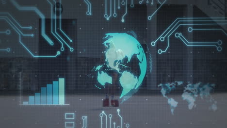 woman walking through warehouse interacting with technology holographic globe, circuitry, bar chart