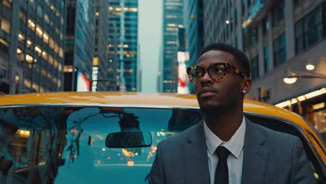 man in suit with taxi in city