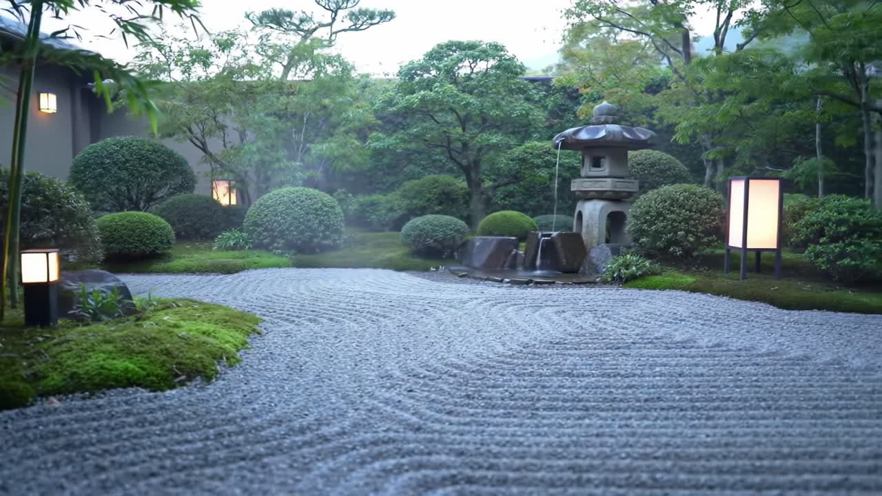 A Serene Japanese Zen Garden with Thoughtfully Arranged Stones, Lush Vegetation, and Elegant Lanterns Creating a Peaceful Atmosphere for Reflection and Relaxation