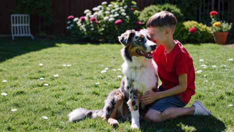 boy hugging his dog in the garden
