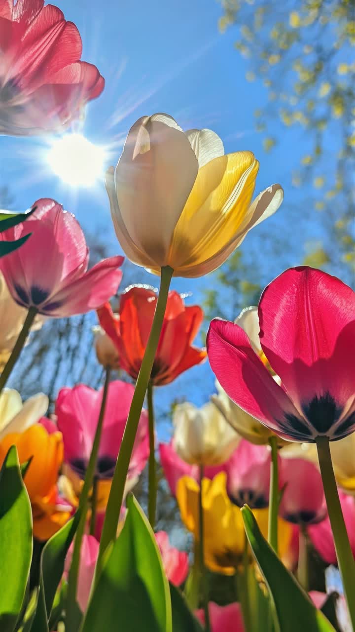 Vibrant tulips shot from a low angle against a bright sunlit sky, creating a dynamic, colorful scene