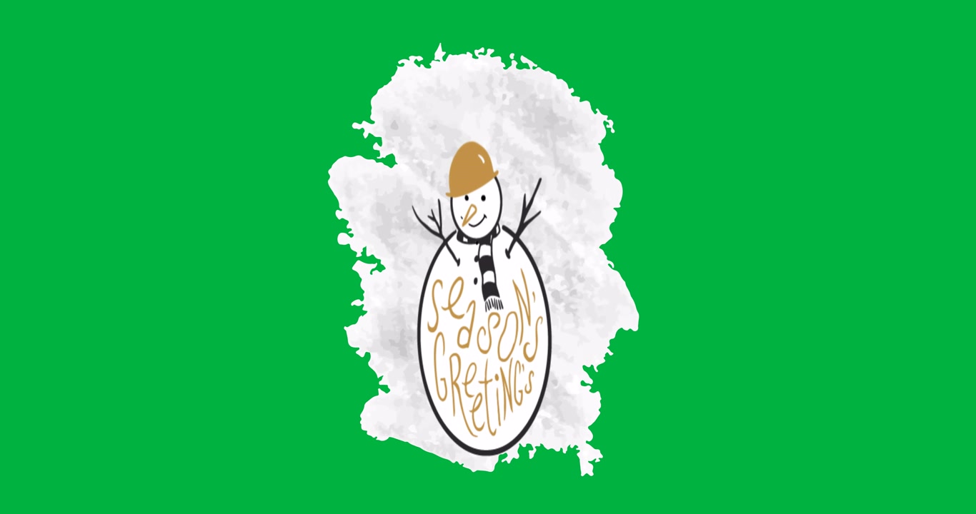 Animazione digitale di un banner con il testo "auguri di stagione" sopra un'icona di pupazzo di neve su sfondo bianco.