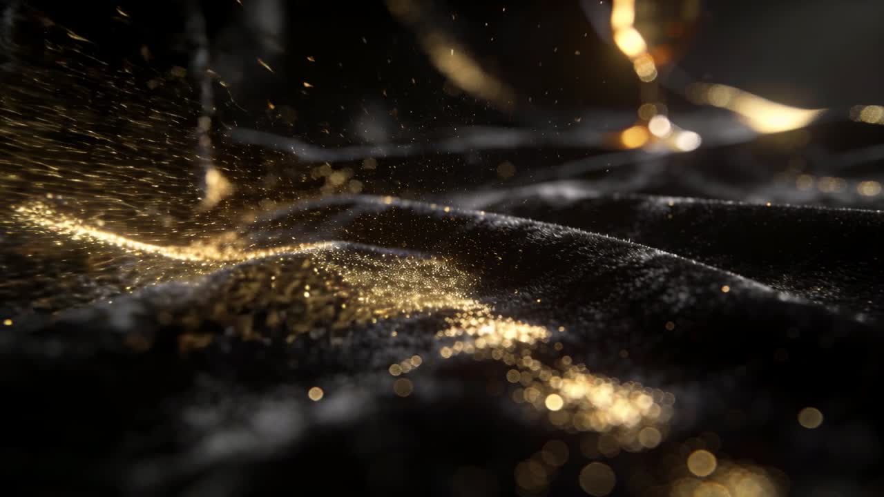 Teksturoitu musta kangas nappaa sulan kultapisaran oikeasta yläkulmasta, suihkuttaen glittervanoja mainoksiin.