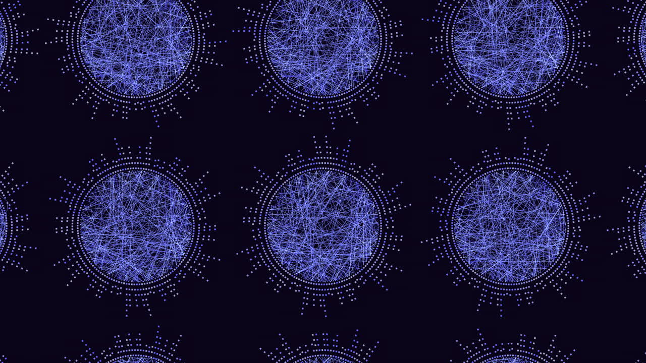 An abstract design featuring a circular pattern of small blue and black circles connected by lines on a black background, creating a web-like motif with various interpretations