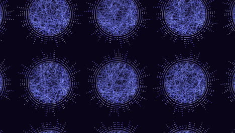 an abstract design featuring a circular pattern of small blue and black circles connected by lines on a black background, creating a web-like motif with various interpretations