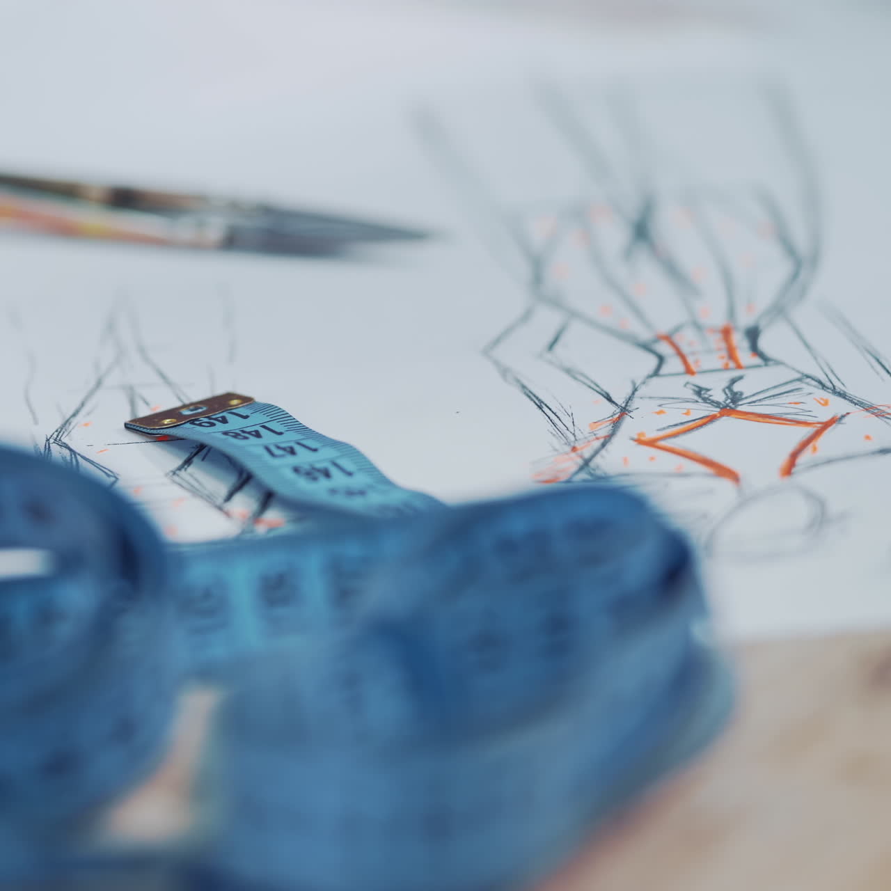 Sewing workplace in atelier. Fashionable sketch of clothes on a white paper, a pencil and a blue tape measure on the table.