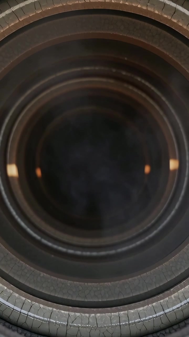 Vertical video: Tightening focus, lens inspecting metal bore showing ringed rim and orange glint