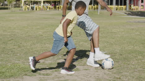 father and son playing soccer in park on sunny day, having fun.