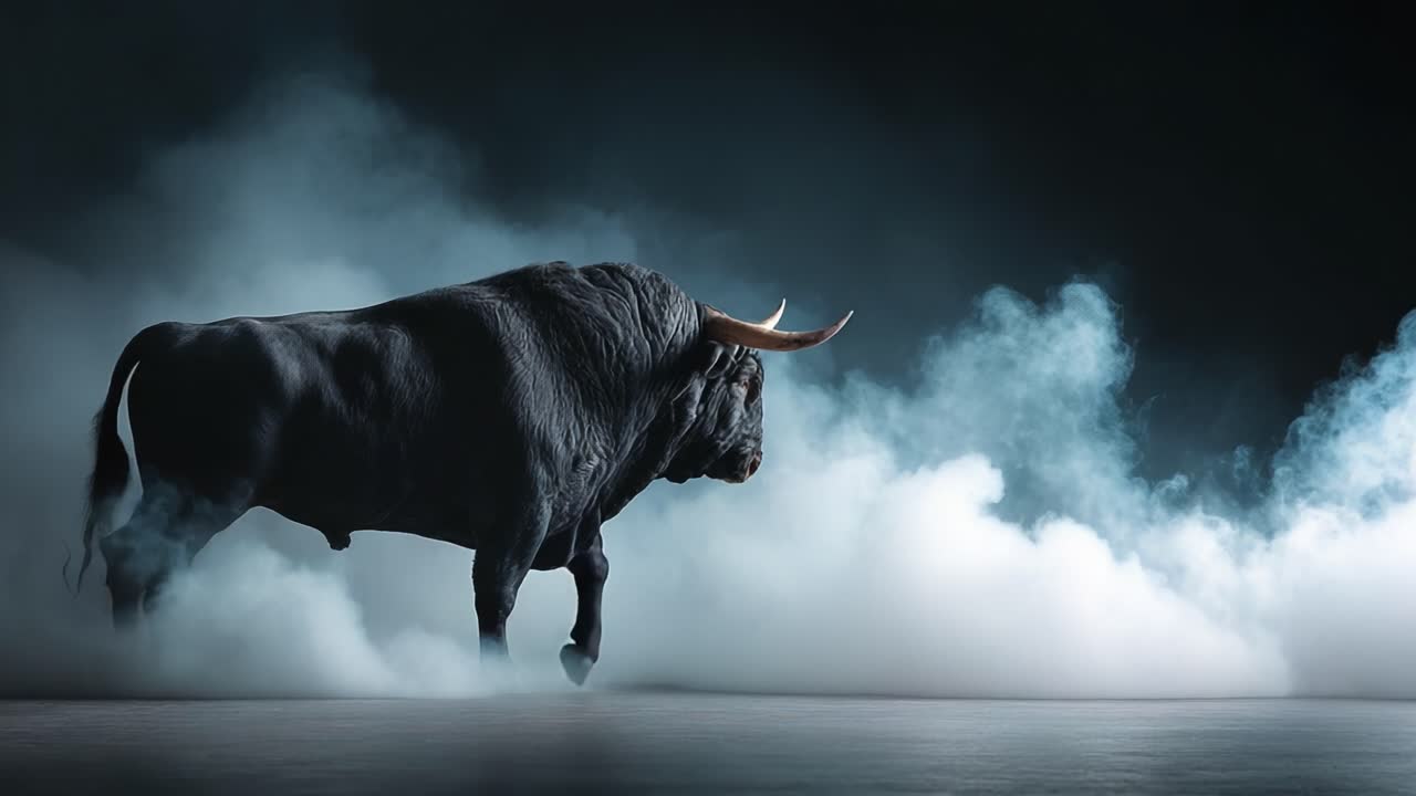 Majestic Bull Emerging from Mystical Fog in a Dramatic Display of Strength and Power, Captured in an Artistically Crafted Video Sequence