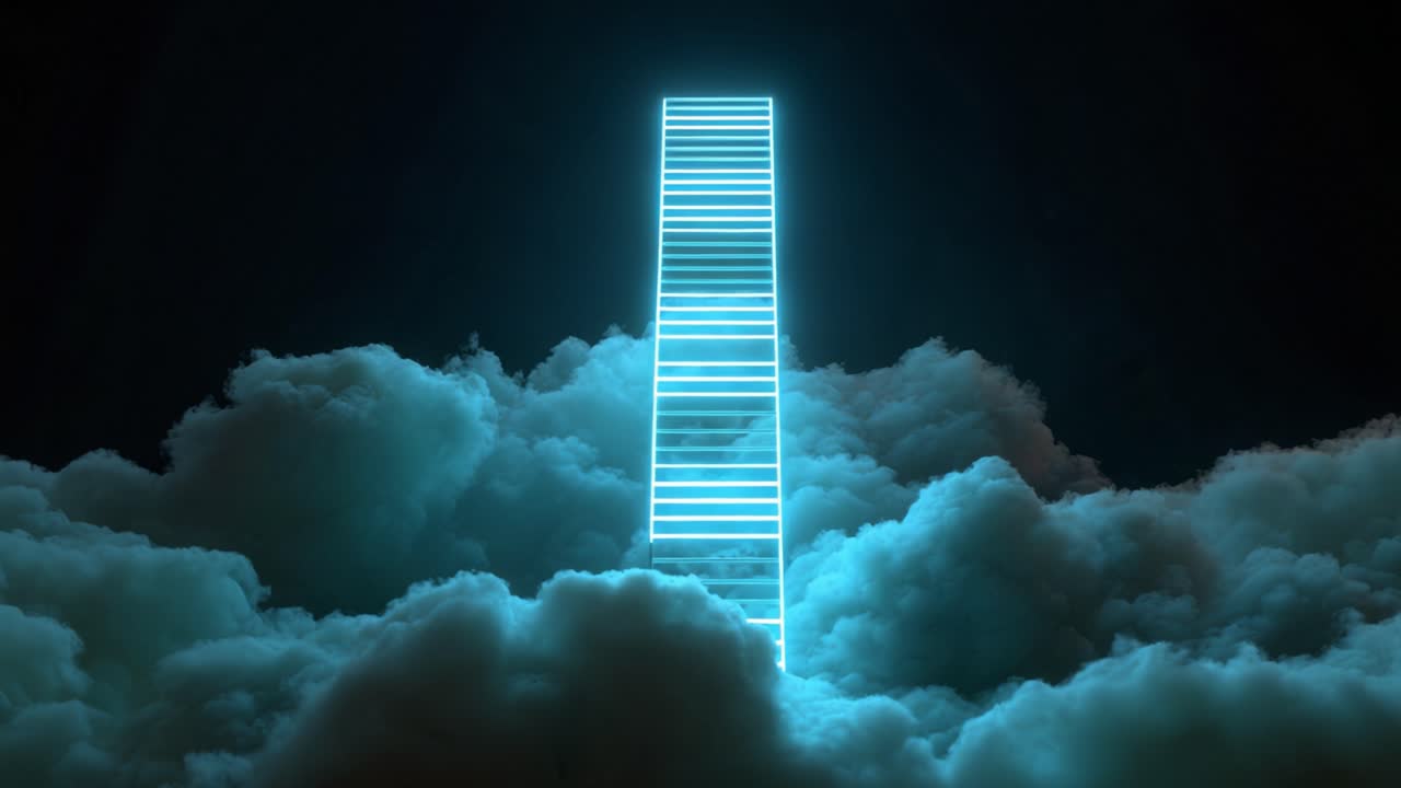 Mystical scene showing a glowing blue neon ladder ascending through dark, moving clouds into the night sky, symbolizing growth, progress, spirituality, success, and the path to heaven