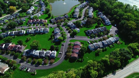 Aerial-drone-shot-of-Crystal-Lake-an-American-village