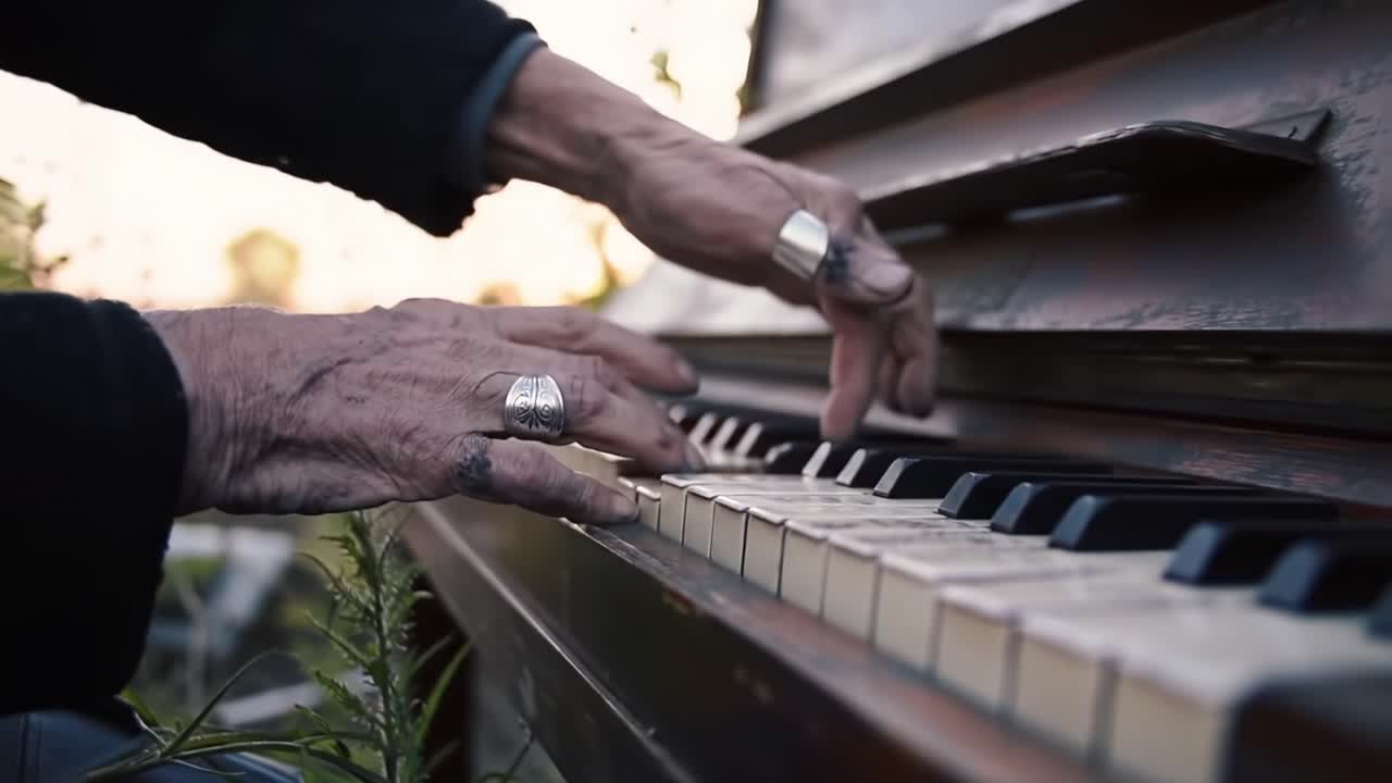 A Captivating Performance on an Abandoned Piano Surrounded by Nature's Beauty, Showcasing the Serenity and Emotion of Playing Music in a Forgotten Place