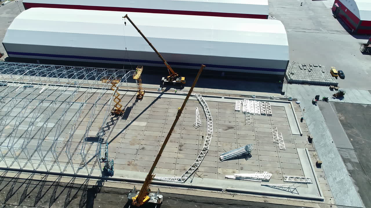 Aerial view of the construction of a warehouse in an industrial zone