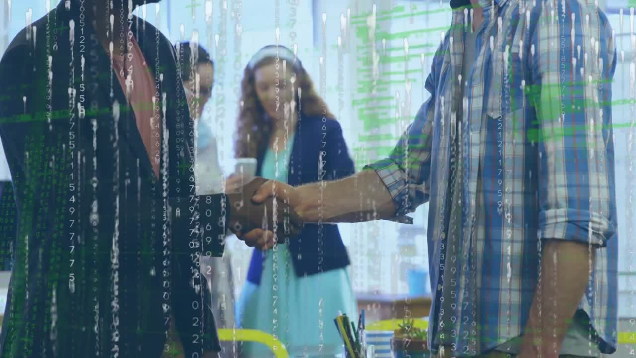 사업가들의 악수에 대한 데이터 처리의 애니메이션