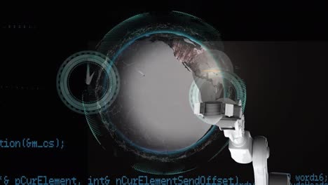 Animation-of-robotic-arm-holding-illuminated-bulb-over-globe-and-clocks-with-computer-language