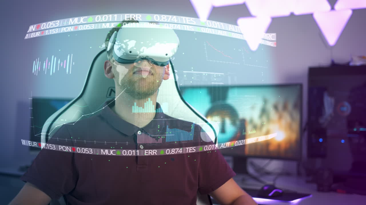 Young man with VR AR glasses sitting in study looking at futuristic virtual reality technology stock analysis and digital chart financial market prices