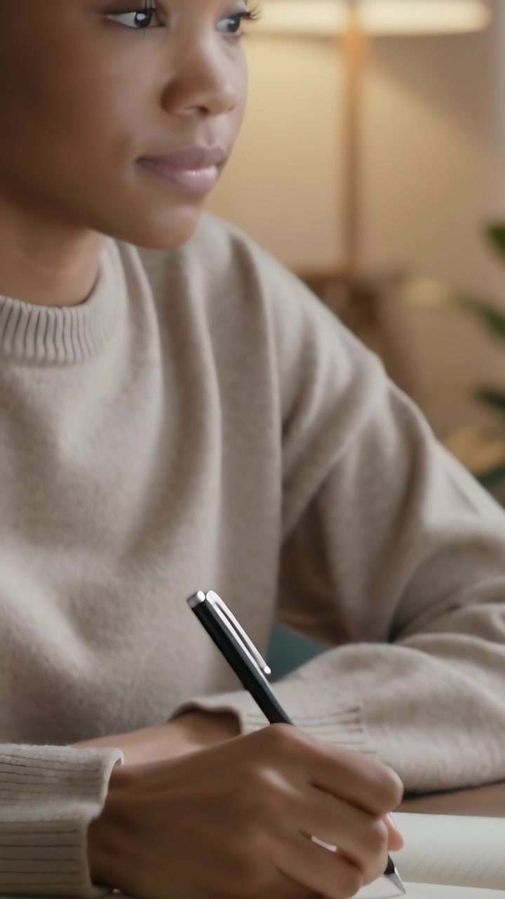 Vertical video: Uncapping black pen woman in beige sweater writing on notebook studying at home