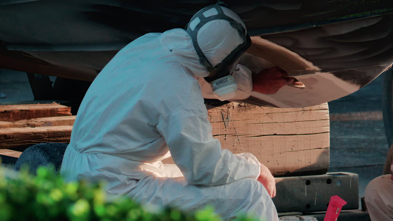 Cannes, Francia - 11 ottobre 2025: due operai che indossano tute protettive bianche e respiratori levigano e riparano lo scafo di una barca in bacino di carenaggio
