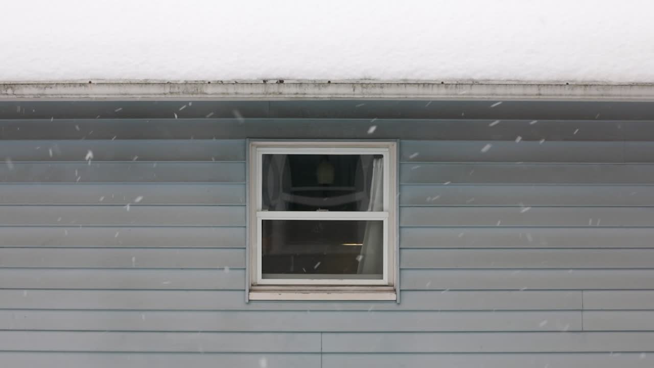Statisk bilde som viser vindu i et hus mens snøflak faller fra himmelen om vinteren