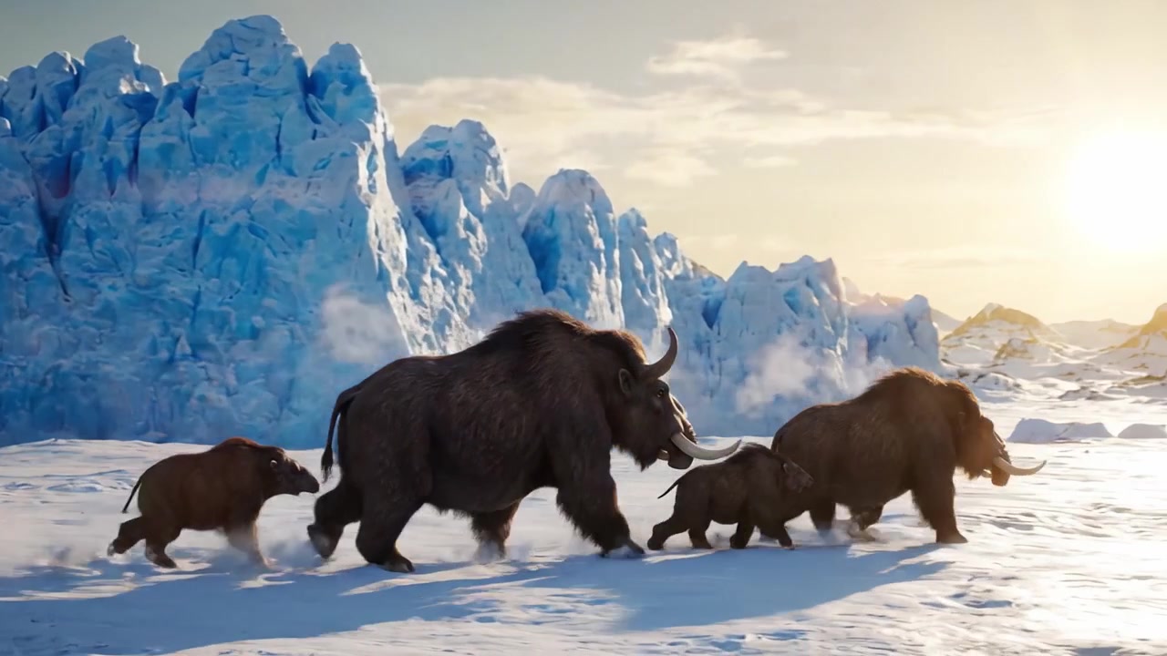 A Family of Prehistoric Mammoths Journeying Through a Winter Wonderland, Navigating the Icy Terrain Beneath an Expanse of Glacial Peaks and a Golden Sunset