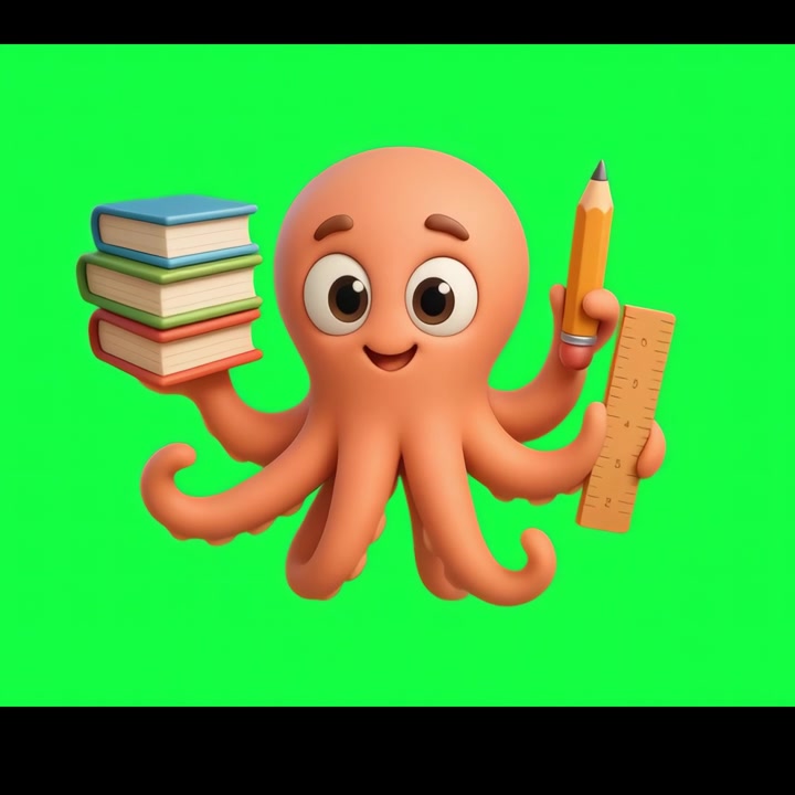 Sød animeret blæksprutte holder bøger og skoleting på green screen