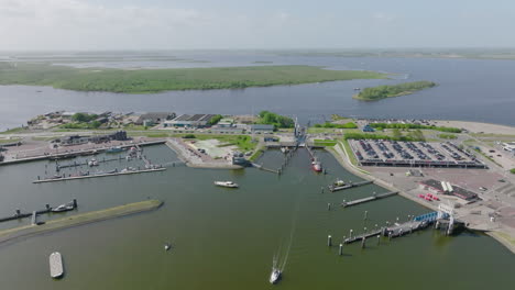 aerial view of the lauwersoog seaport and marina on the wadden sea in the netherlands