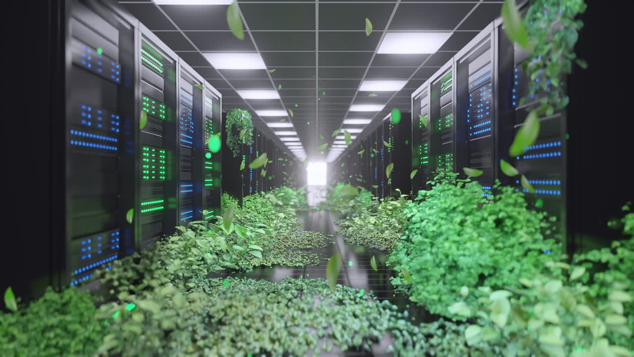 Animated view inside a sustainable AI data center with lush green plants growing among server racks, symbolizing eco-friendly technology and environmental preservation
