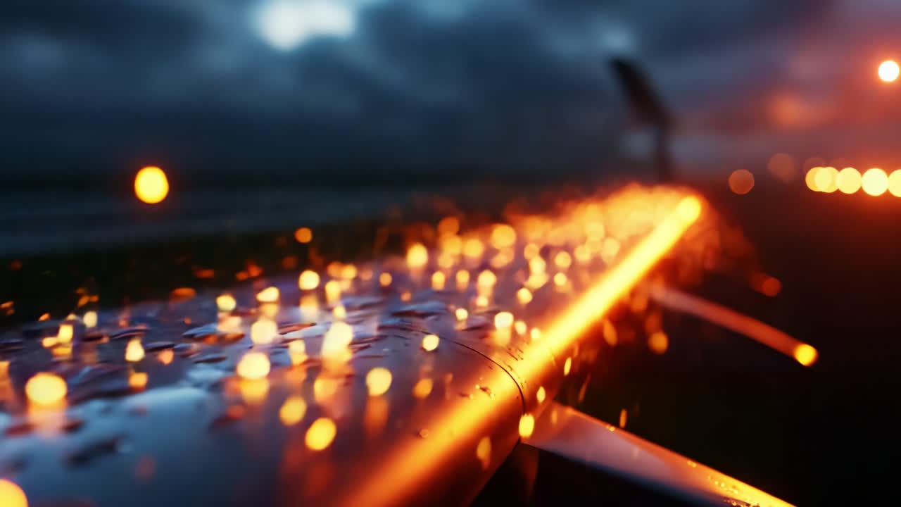 Capturing the Essence of Twilight Travel: A Close-Up View of a Wet Airplane Wing Glimmering with Raindrops as the Last Light Fades into a Mystical Evening Sky, Creating an Atmospheric and Vibrant Scene
