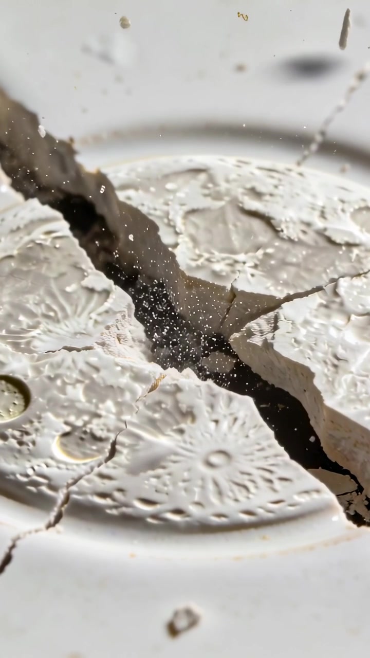 Video verticale: Fessura che si allarga rilasciando un disco circolare bianco che disperde polvere e piccoli frammenti su una panca